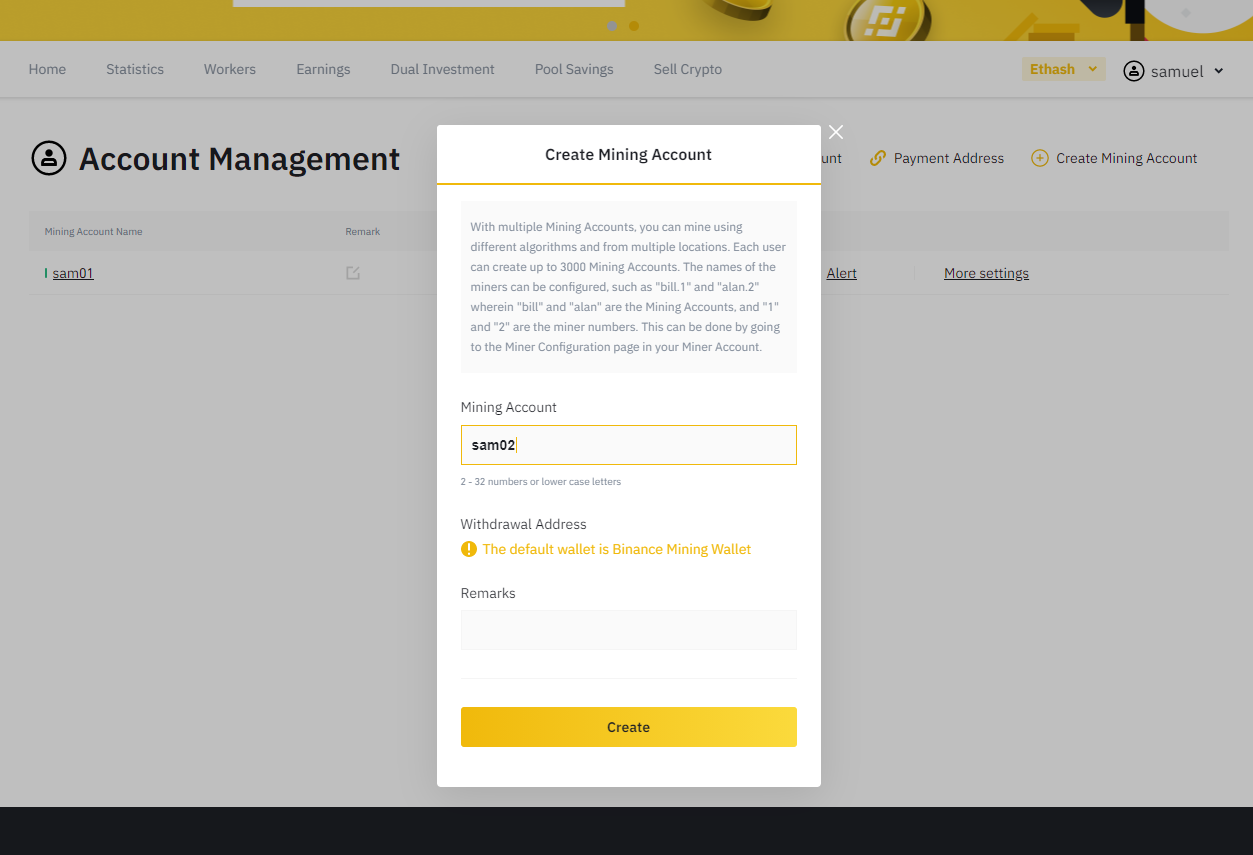 minerstat - Binance - Create Mining Account