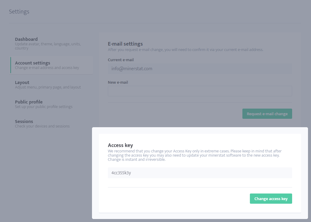 mienrstat - Change access key - Settings