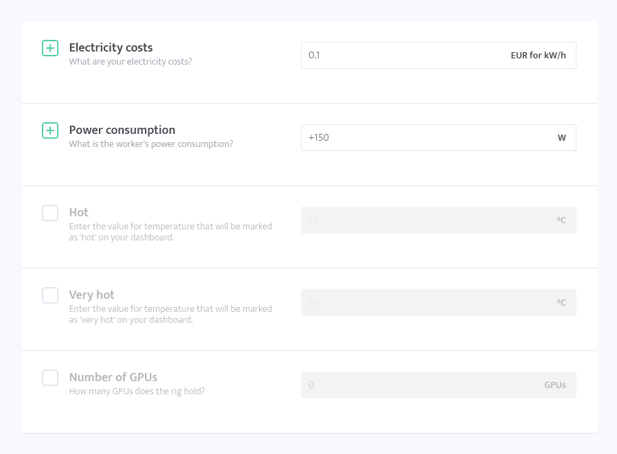 minerstat - Electricity costs - Config