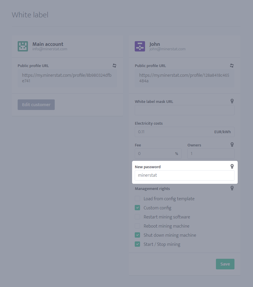 White label customers' passwords