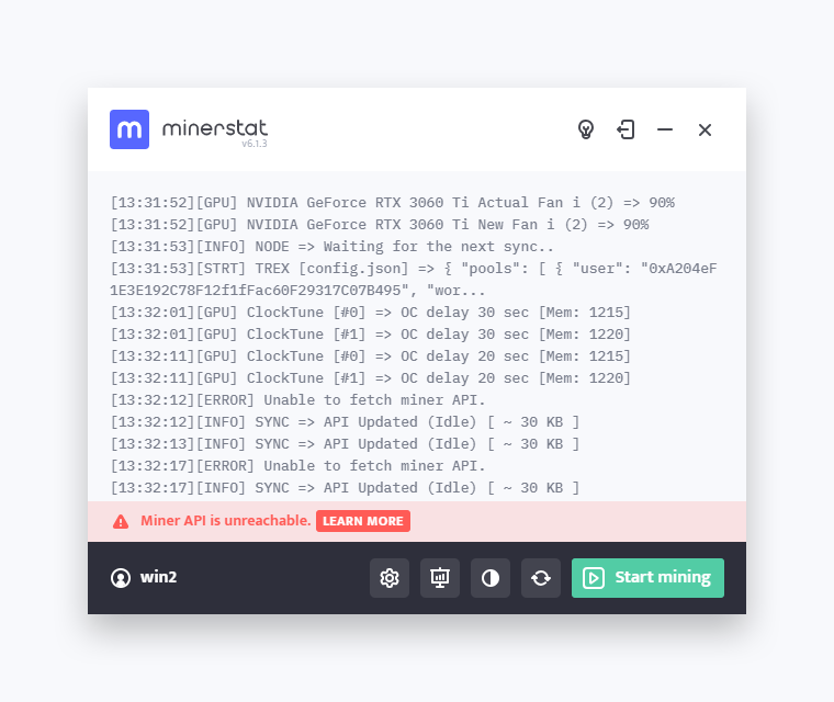 minerstat Windows application API unreachable